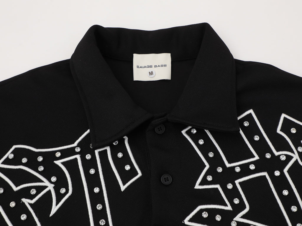 GATHER Gothic Script Studded Detail Black Streetwear Polo Shirt, Unbranded