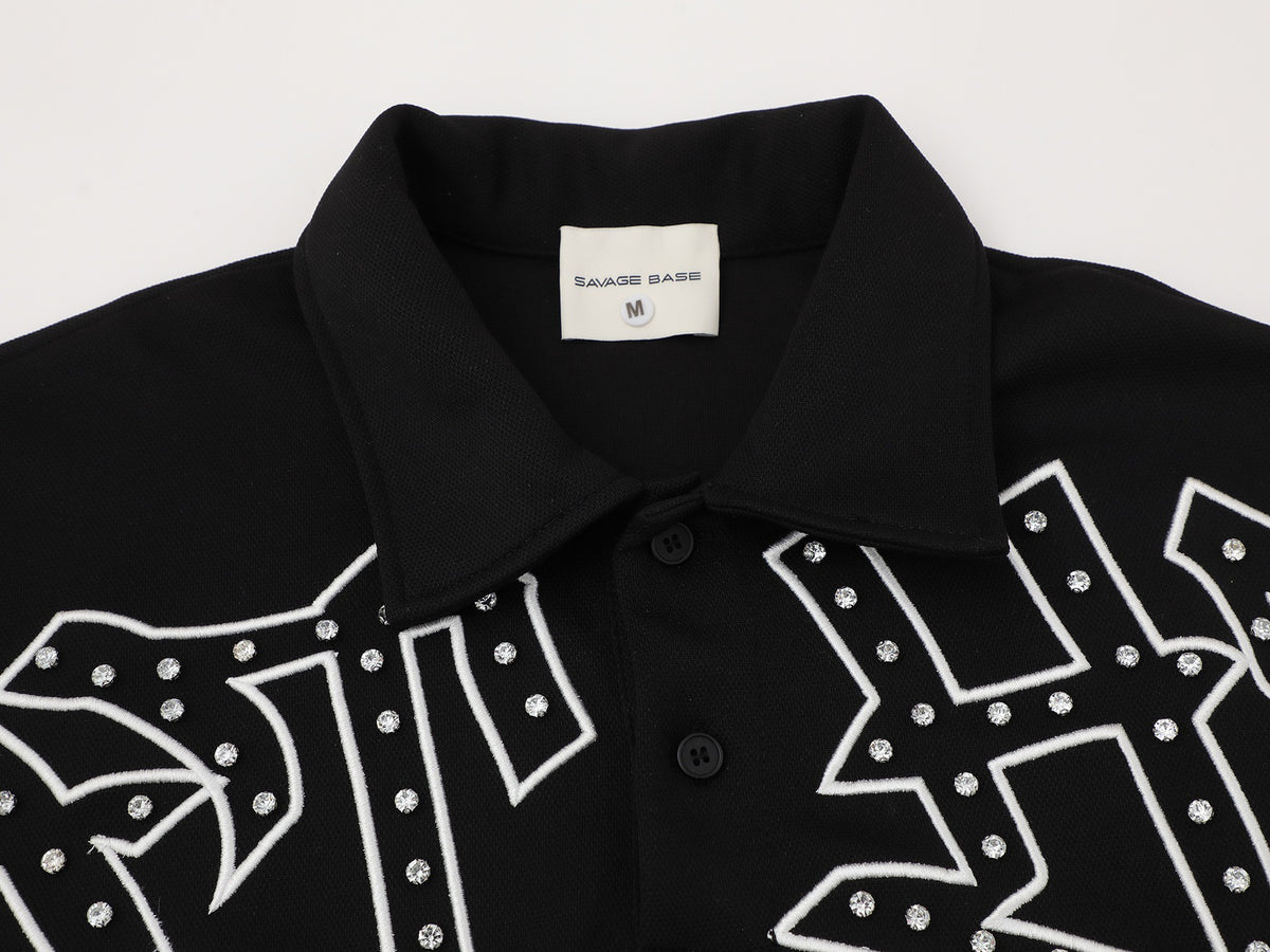 GATHER Gothic Script Studded Detail Black Streetwear Polo Shirt, Unbranded