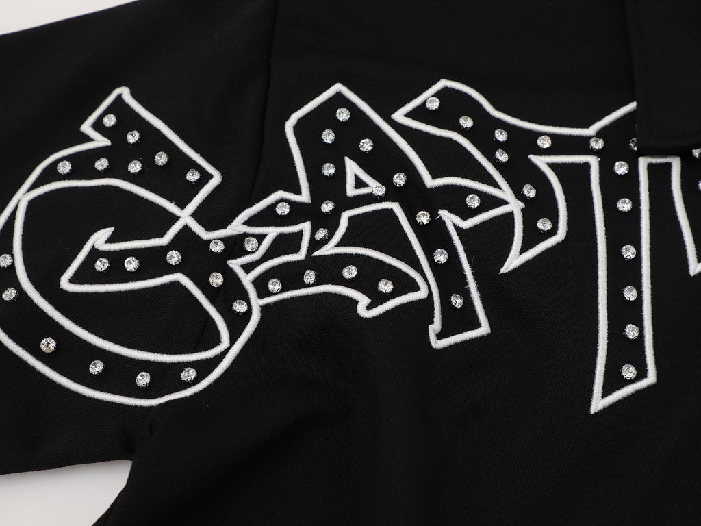GATHER Gothic Script Studded Detail Black Streetwear Polo Shirt, Unbranded