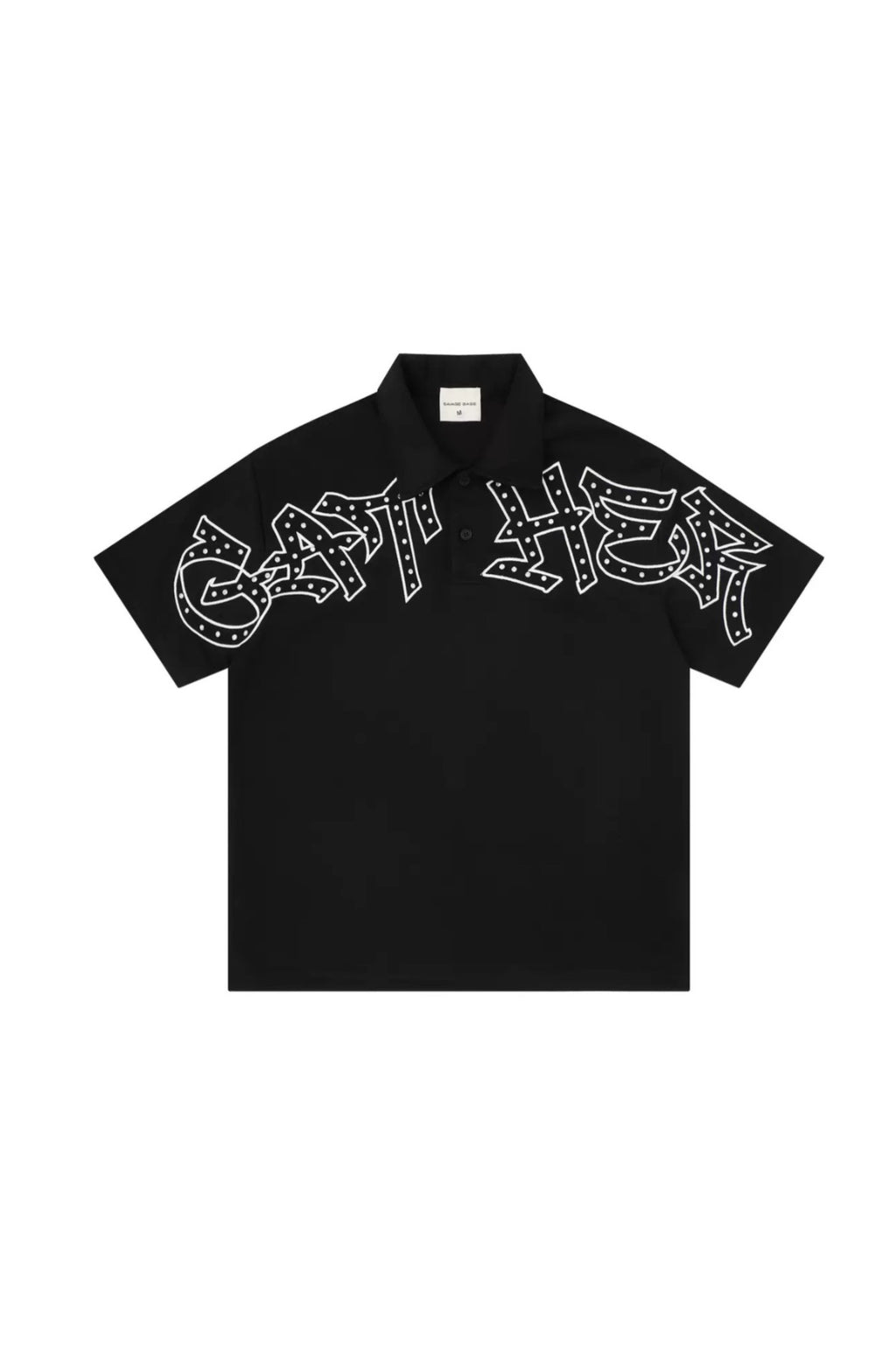 GATHER Gothic Script Studded Detail Black Streetwear Polo Shirt, Unbranded
