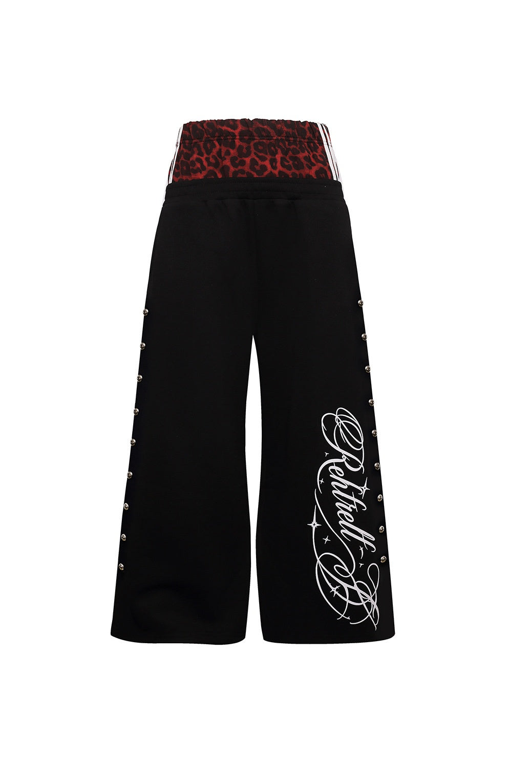 Leopard‑Print Waistband Rivet‑Side Cursive‑Script Black Wide‑Leg Unisex Streetwear Joggers